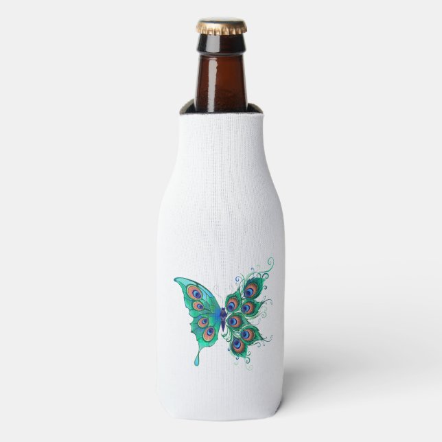 Schmetterling mit grünen Pfauenfedern Flaschenkühler (Flaschenvorderseite)