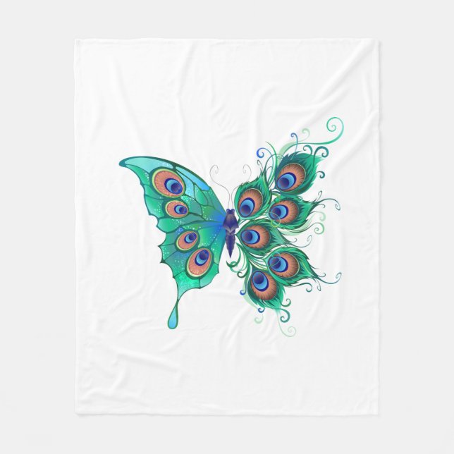 Schmetterling mit grünen Pfauenfedern Fleecedecke (Vorderseite)