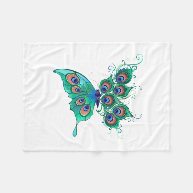Schmetterling mit grünen Pfauenfedern Fleecedecke (Vorderseite (Horizontal))