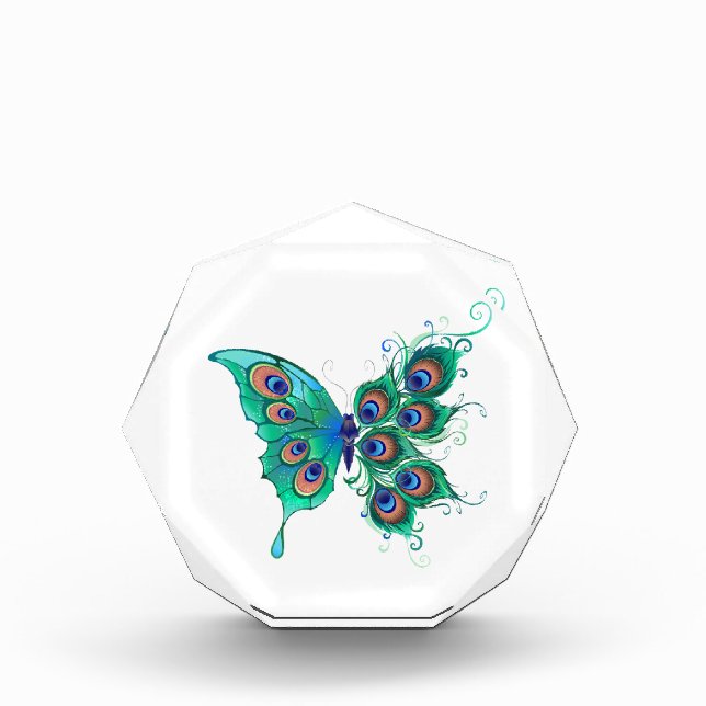 Schmetterling mit grünen Pfauenfedern Fotoblock (Vorderseite)