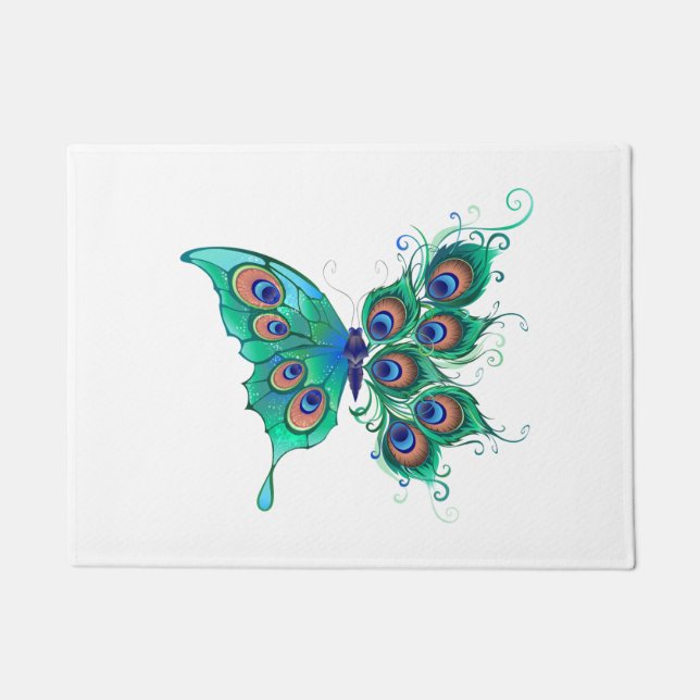 Schmetterling mit grünen Pfauenfedern Fußmatte (Vorderseite)