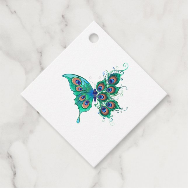 Schmetterling mit grünen Pfauenfedern Geschenkanhänger (Vorderseite)