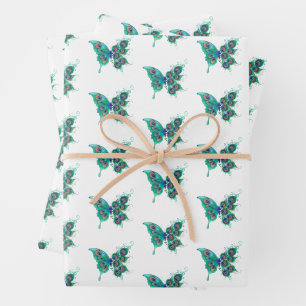 Schmetterling mit grünen Pfauenfedern Geschenkpapier Set