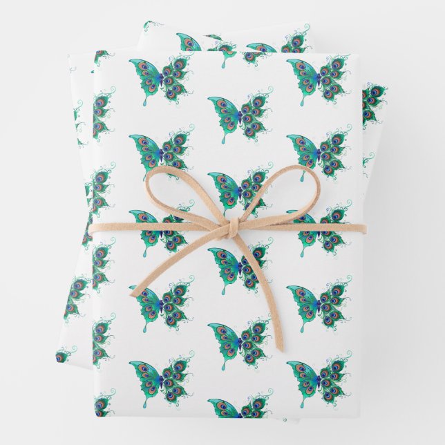 Schmetterling mit grünen Pfauenfedern Geschenkpapier Set (Beispiel)