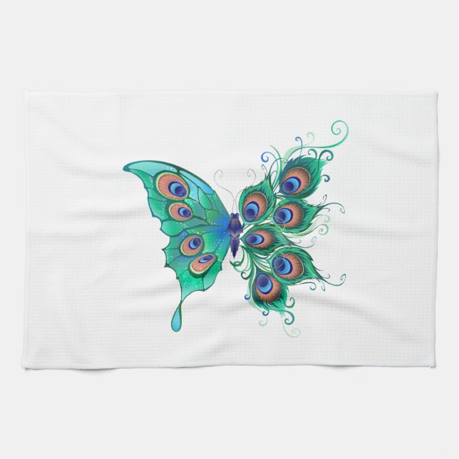 Schmetterling mit grünen Pfauenfedern Geschirrtuch (Horizontal)