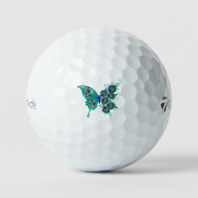 Schmetterling mit grünen Pfauenfedern Golfball (Vorderseite)