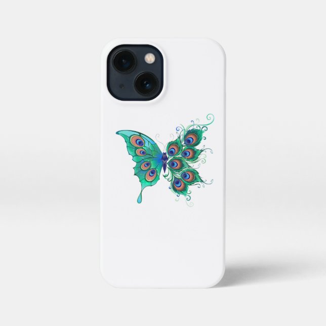 Schmetterling mit grünen Pfauenfedern iPhone 13 Mini Hülle (Rückseite)