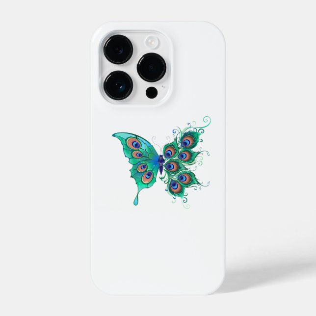 Schmetterling mit grünen Pfauenfedern iPhone 14 Pro Hülle (Rückseite)
