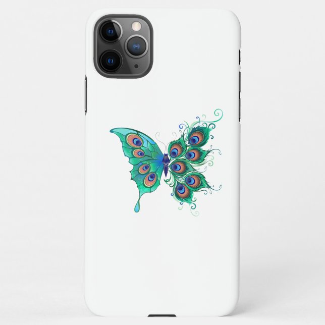 Schmetterling mit grünen Pfauenfedern iPhone Hülle (Rückseite)