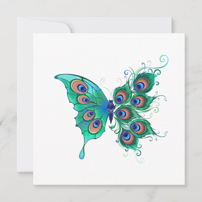 Schmetterling mit grünen Pfauenfedern Karte (Vorderseite)