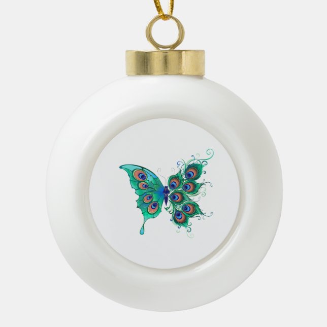 Schmetterling mit grünen Pfauenfedern Keramik Kugel-Ornament (Vorderseite)