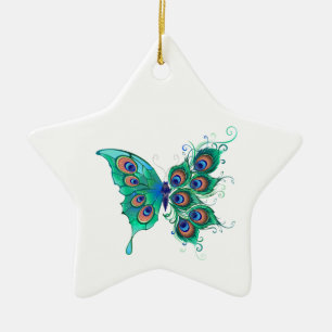 Schmetterling mit grünen Pfauenfedern Keramik Ornament
