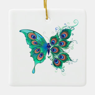 Schmetterling mit grünen Pfauenfedern Keramikornament