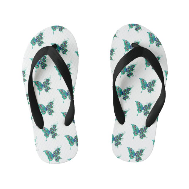 Schmetterling mit grünen Pfauenfedern Kinderbadesandalen (Fußbett)