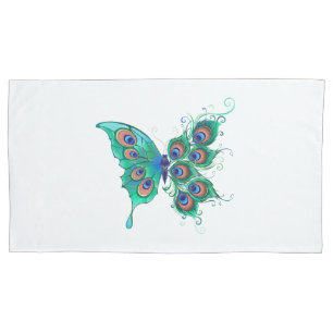 Schmetterling mit grünen Pfauenfedern Kissenbezug