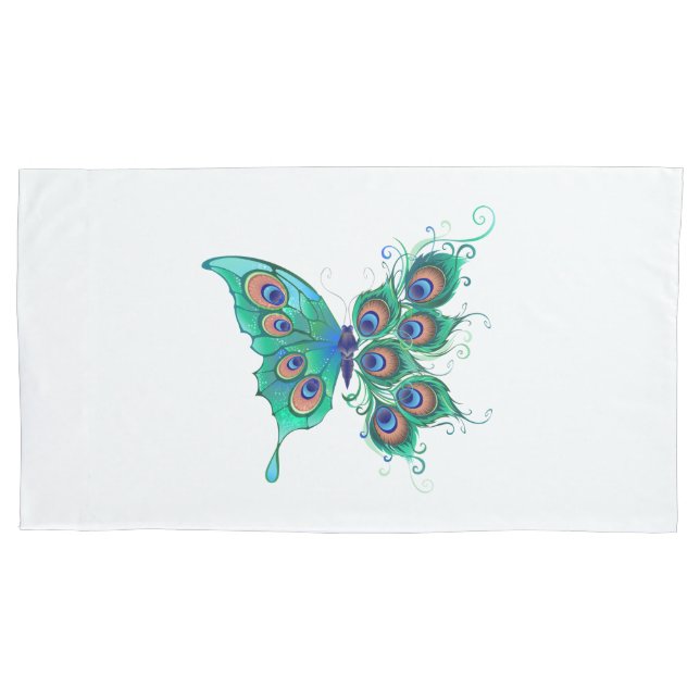 Schmetterling mit grünen Pfauenfedern Kissenbezug (Vorderseite)
