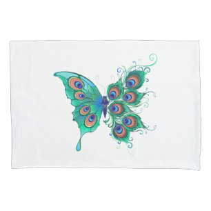 Schmetterling mit grünen Pfauenfedern Kissenbezug