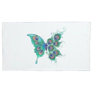 Schmetterling mit grünen Pfauenfedern Kissenbezug
