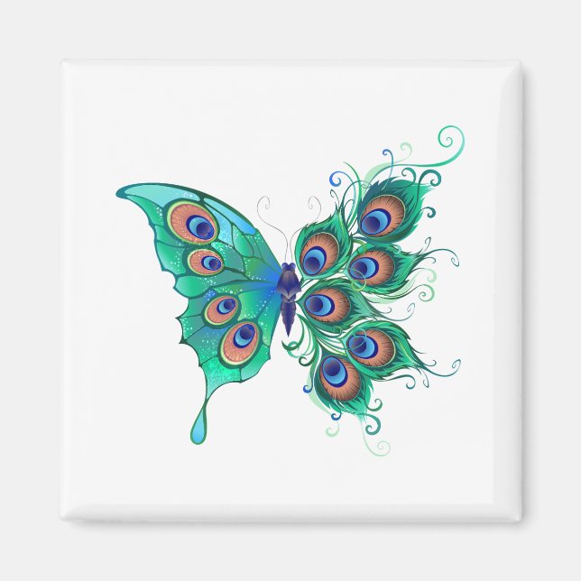 Schmetterling mit grünen Pfauenfedern Magnet (Vorne)