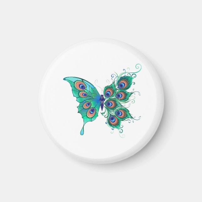 Schmetterling mit grünen Pfauenfedern Magnet (Vorne)