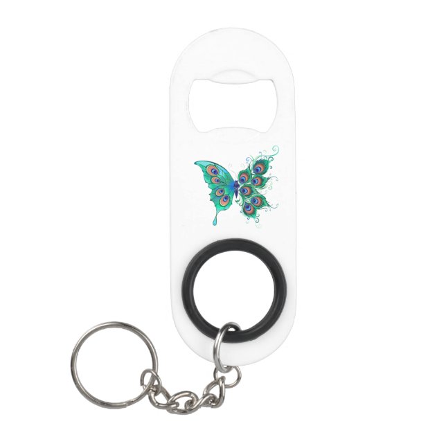 Schmetterling mit grünen Pfauenfedern Mini Flaschenöffner (Vorderseite)