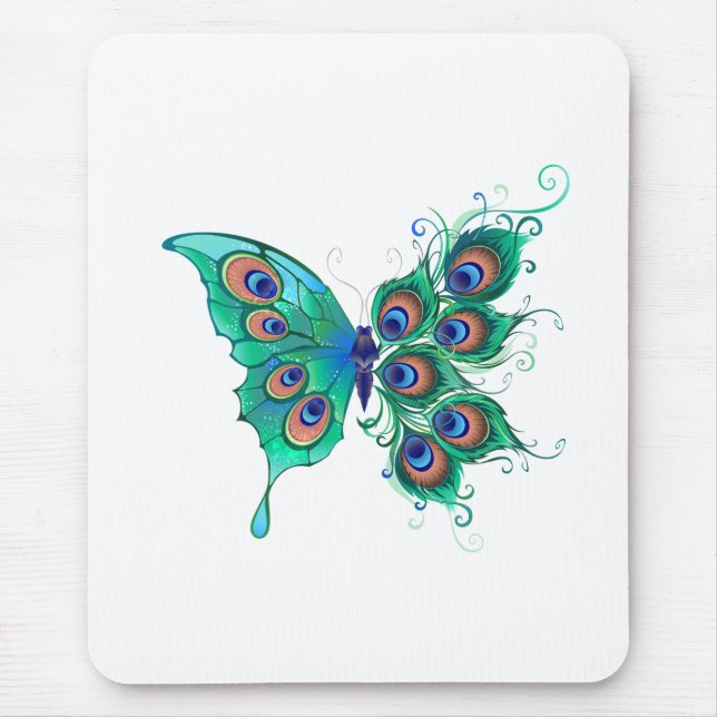 Schmetterling mit grünen Pfauenfedern Mousepad (Vorne)