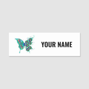 Schmetterling mit grünen Pfauenfedern Namensschild