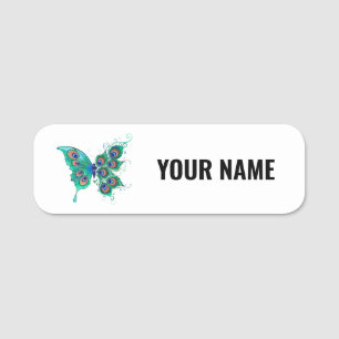 Schmetterling mit grünen Pfauenfedern Namensschild