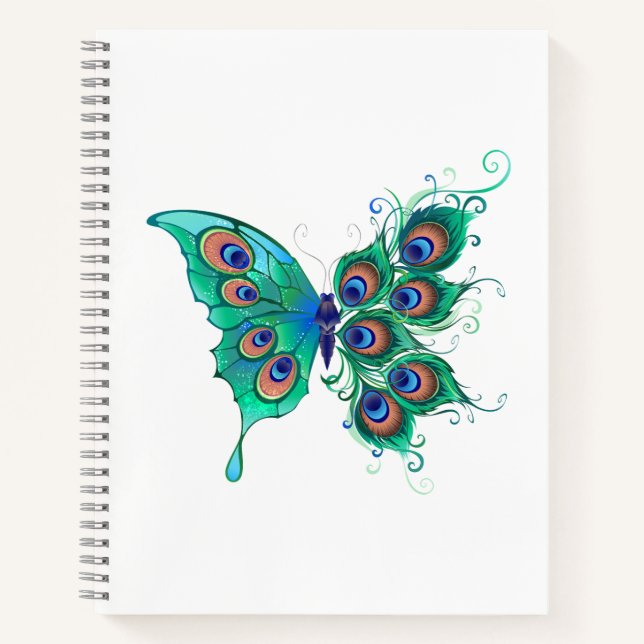 Schmetterling mit grünen Pfauenfedern Notizbuch (Vorderseite)
