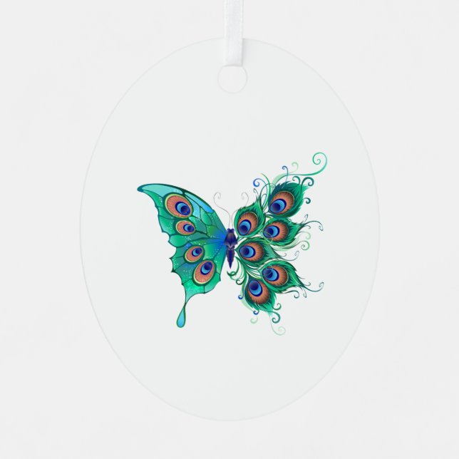 Schmetterling mit grünen Pfauenfedern Ornament Aus Metall (Vorderseite)