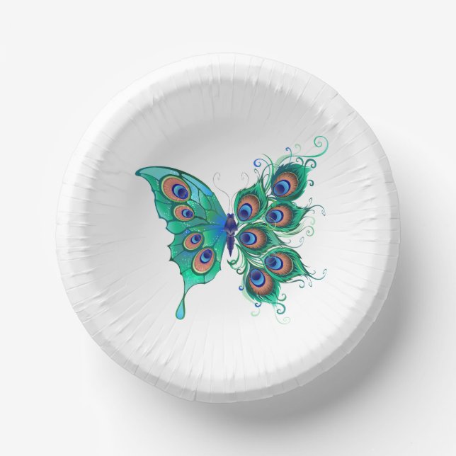 Schmetterling mit grünen Pfauenfedern Pappteller (Vorderseite)