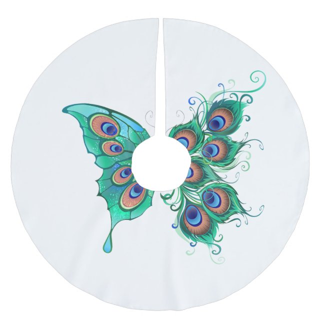 Schmetterling mit grünen Pfauenfedern Polyester Weihnachtsbaumdecke (Vorderseite)