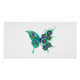 Schmetterling mit grünen Pfauenfedern Poster