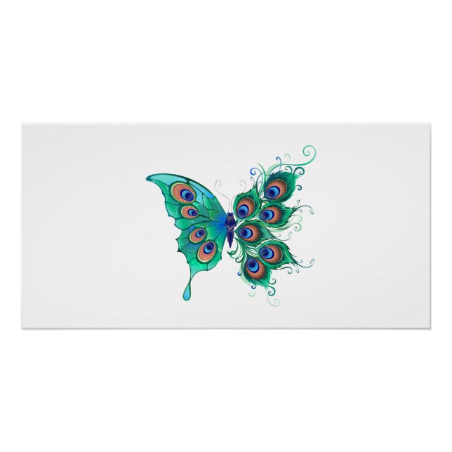 Schmetterling mit grünen Pfauenfedern Poster (Vorderseite)