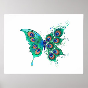 Schmetterling mit grünen Pfauenfedern Poster