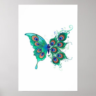 Schmetterling mit grünen Pfauenfedern Poster