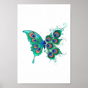 Schmetterling mit grünen Pfauenfedern Poster