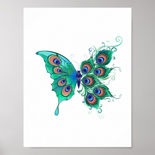 Schmetterling mit grünen Pfauenfedern Poster (Vorne)