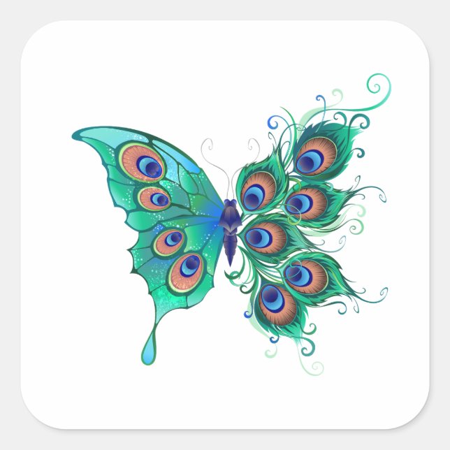 Schmetterling mit grünen Pfauenfedern Quadratischer Aufkleber (Vorderseite)