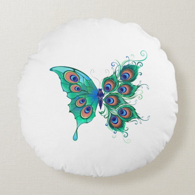 Schmetterling mit grünen Pfauenfedern Rundes Kissen (Vorderseite)