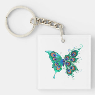 Schmetterling mit grünen Pfauenfedern Schlüsselanhänger