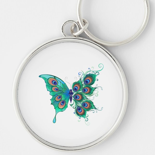 Schmetterling mit grünen Pfauenfedern Schlüsselanhänger (Vorne)