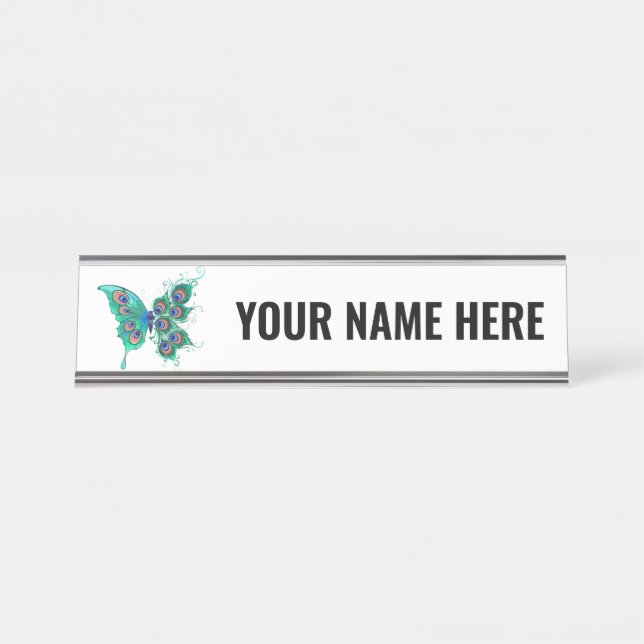 Schmetterling mit grünen Pfauenfedern Schreibtischnamensplakette (Vorderseite )