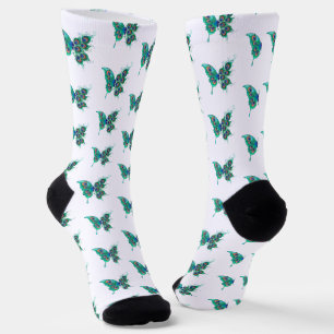 Schmetterling mit grünen Pfauenfedern Socken
