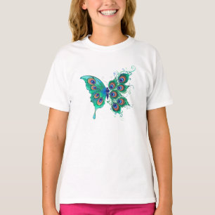 Schmetterling mit grünen Pfauenfedern T-Shirt