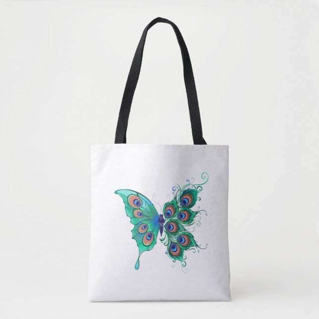Schmetterling mit grünen Pfauenfedern Tasche (Vorderseite)