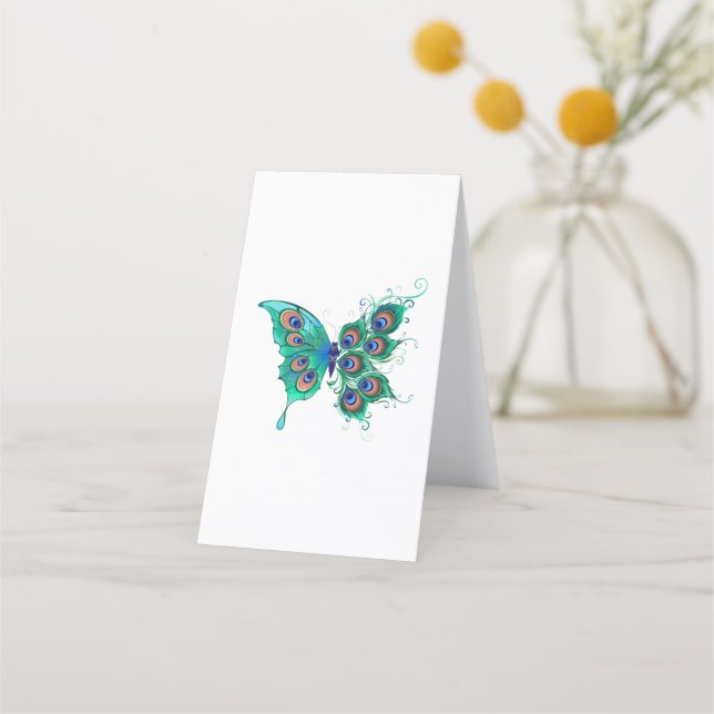 Schmetterling mit grünen Pfauenfedern Treuekarte (Rückseite)