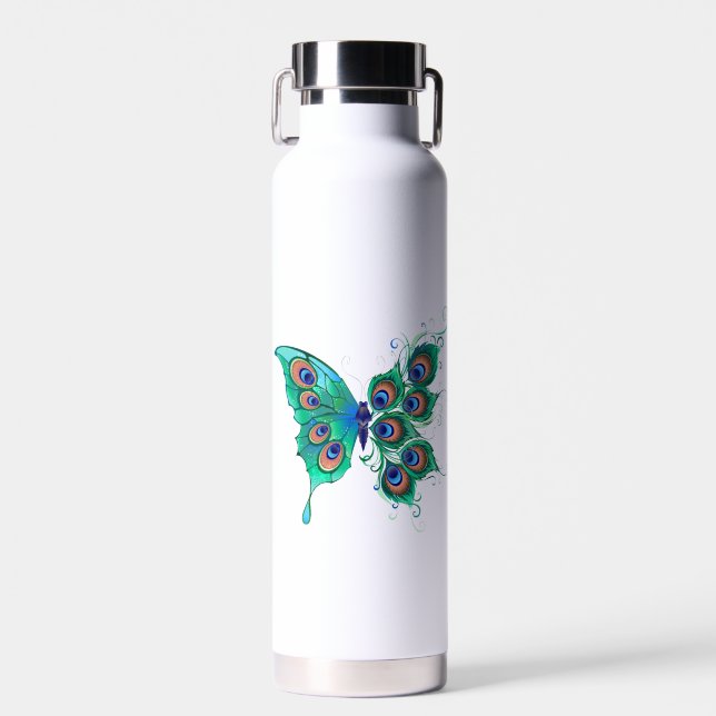Schmetterling mit grünen Pfauenfedern Trinkflasche (Vorne)