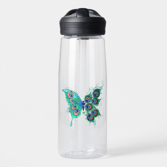 Schmetterling mit grünen Pfauenfedern Trinkflasche (Vorne)