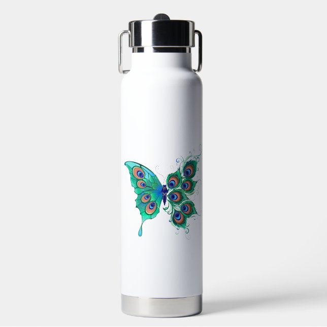 Schmetterling mit grünen Pfauenfedern Trinkflasche (Vorderseite)